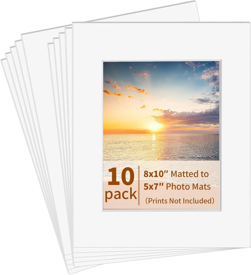 YEESON 10 Pack Picture Frame Mats, 8x10 Matted to 5x7 Photo Mats, Acid Free Picture Matting for Pictures Photos Watercolor Artwork (White) - Image 1